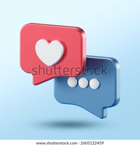 3D red heart message bubble and blue chat bubble with dots on a light blue background. Symbolizes online communication, love messages, and social media interaction.