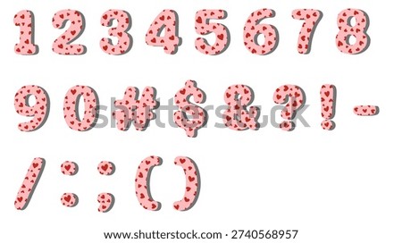 3D Red Heart Pattern Numbers and Symbols Collection, Cute Valentine's Day Numerals Isolated on White Background