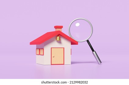 3d Red House With Magnifying Glass Isolated On Purple Background. Online Shopping, Search Data Concept, 3d Render Illustration