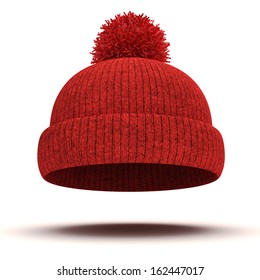3d Red Knitted Winter Cap On White Background