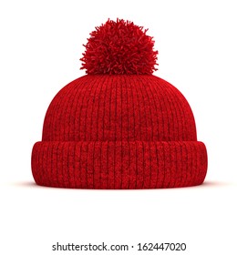 3d Red Knitted Winter Cap On White Background