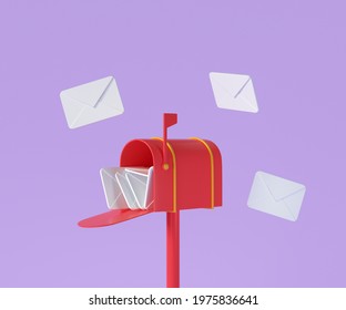 3D Red Mailbox With Flying Envelope, Mail Delivery, And Newsletter Concept. 3d Render Illustration