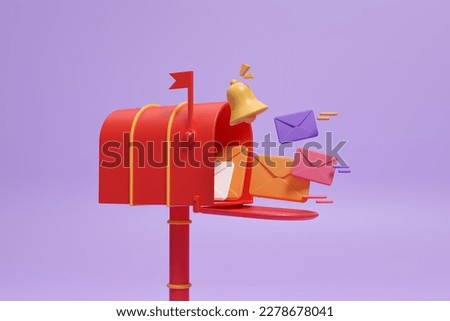 3D Red mailbox with flying envelope and bell notification on purple background, sent mail message. Receiving delivery in envelope. Newsletter business marketing and promotion. 3d render illustration