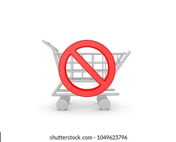 3D Red No Symbol Across A Shopping Cart. Image Conveying Anti Consumerism.
