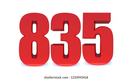 3d Red number 835 isolated on white background