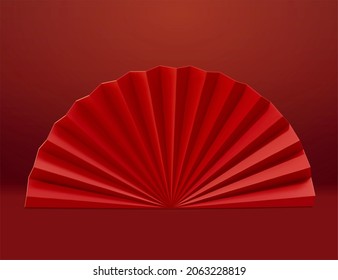 3d Red Oriental Paper Fold Fan, Isolated On Red Background. Suitable For Japanese Or Other Asian Decor.