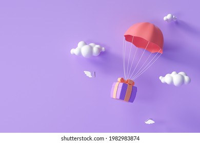 3D красный парашют, несущий фиолетовую подарочную коробку, пролетающую через облака. 3d визуализация иллюстрации