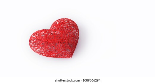3d red strings tangled heart with inside hollow on white background. Isolated with clipping path. 3D Illustration.