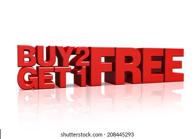 3D red text buy 2 get 1 free on white background with reflection