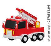 3D Red toy firetruck with ladder, perfect for childrens book illustrations, firefighting concepts, emergency vehicles educational materials, and toy design projects.