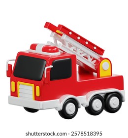 3D Red toy firetruck with ladder, perfect for childrens book illustrations, firefighting concepts, emergency vehicles educational materials, and toy design projects.