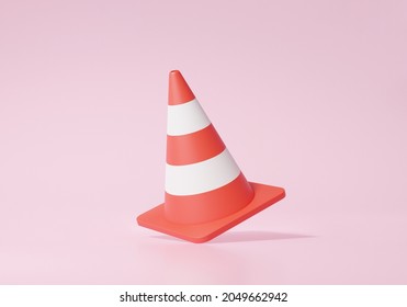 3D Red Traffic Cones Icon On Pink Background. Accident Prevention Concept. Cartoon Minimal Cute Smooth. 3d Render Illustration 