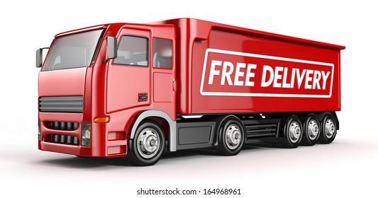 3d Red Truck With Free Delivery Text - Isolated