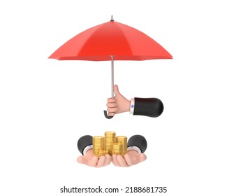 3D. red umbrella protection coins hand holding stack of money savings a business.
