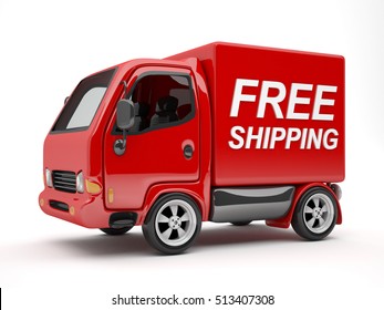 3D Red Van With Free Shipping Text Isolated