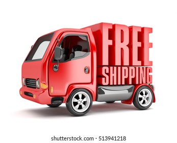 3D Red Van With Free Shipping Text Isolated