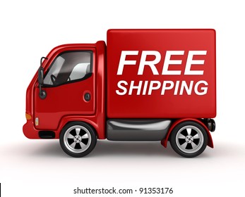 3D Red Van With Free Shipping Text Isolated