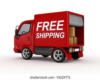 3D Red Van With Free Shipping Text Isolated