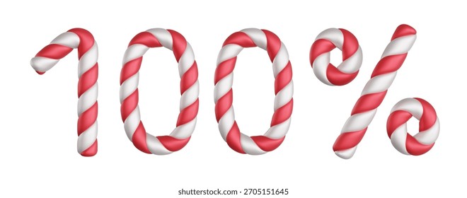 3D red and white candy cane numbers forming “100%”. Perfect for Christmas sales, holiday promotions, discounts, winter banners, and seasonal design projects.