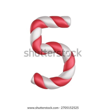3D red and white candy cane number 5. Festive striped digit perfect for Christmas designs, holiday decorations, winter themes, sweet typography, and seasonal graphics.
