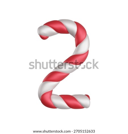 3D red and white candy cane number 2. Festive striped digit perfect for Christmas designs, holiday decorations, winter themes, sweet typography, and seasonal graphics.