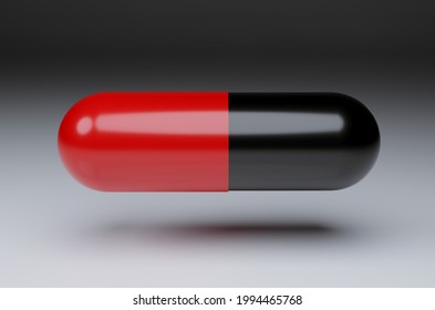 3D Red and White Capsule Pills Isolated on Black Background