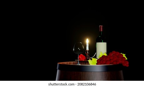 3D Red Wine Bottle With Blank White Label Near Empty Glass And Red Grapes Bunch Lighting White Candle With Brass Candle Holder And Red Rose On Wine Barrel Wood On Dark Background  With Copy Space