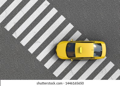 3D rednering of an overhead view of a yellow taxi over a pedestrian crossing