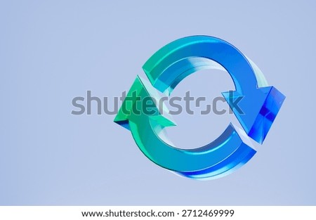 3D refresh arrow icon, update rotation concept. Colorful gradient glass like icon, trending glass holographic icon, for graphic design, UI UX interfaces, 3d render illustration.