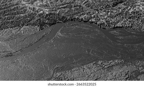 3D relief map of the Amazon River. 3D illustration of an aerial view of the Amazon River, Brazil.