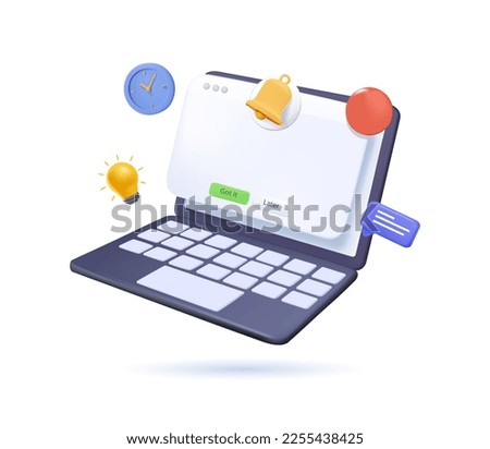 3D reminder SAAS app interface on white background. Notifications page. 3d alert for business planning ,events, reminder calendar. 3d clock, bell, speaking bubble icon render illsutration