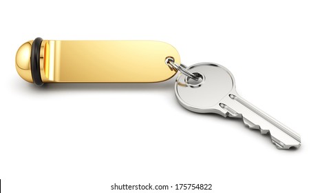 3d Rende Of Hotel Room Key With Golden Lable. Isolated On White Background