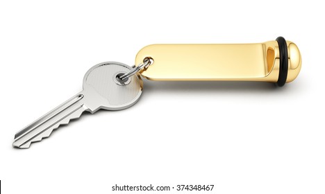 3d Rende Of Hotel Room Key With Golden Lable. Isolated On White Background