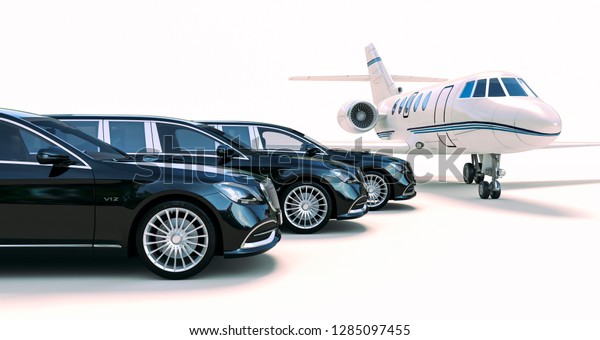 3d rende of\
luxury limousine car and private\
jet