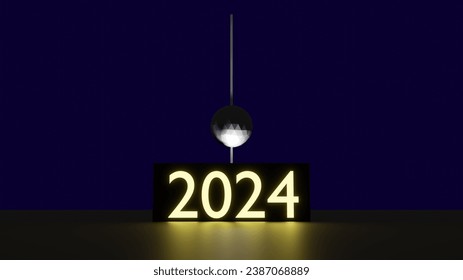 3D render of 2024 ball drop with 2024 illuminated and shining on a reflective surface. Dark blue background	