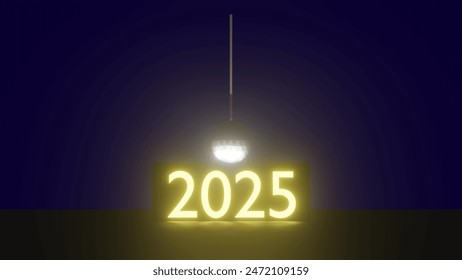 3D render of 2025 ball drop with 2025 illuminated and shining on a reflective surface. Dark blue background	