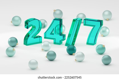 3d render 24 7 blue glass sign on light background. For christmass promo, 3d rendering illustration