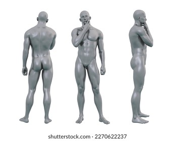 3D Render : 3 angles portrait of silver, iron metal texture male dummy character is standing and thinking, clipping path  included