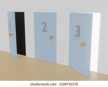 3D Render Of 3 Door Ways To Chose From, One To Darkness, One To Light , And One Unknown