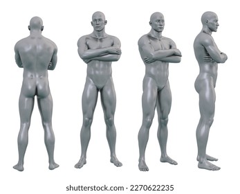 3D Render : 4 angles portrait of silver, iron metal texture male dummy character is standing with arm crossing, clipping path  included