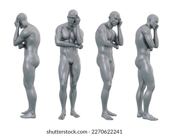 3D Render : 4 angles portrait of silver, iron metal texture male dummy character is thinking , clipping path  included