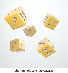It's a 3D render of 5 Rolling Gold Dice with high resolution.