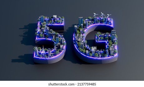 3D Render Of 5G With Commercial Building And Green Landscape In Blue Purple Light. 5G New Network Connection, High-speed Mobile Internet. 