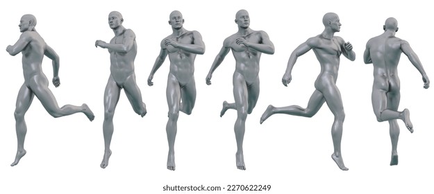 3D Render : 6 angles portrait of silver, iron metal texture male dummy character is running, clipping path  included