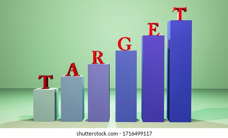 3D render,  6 bar graph sorted by height at the top of every bar is the letter 