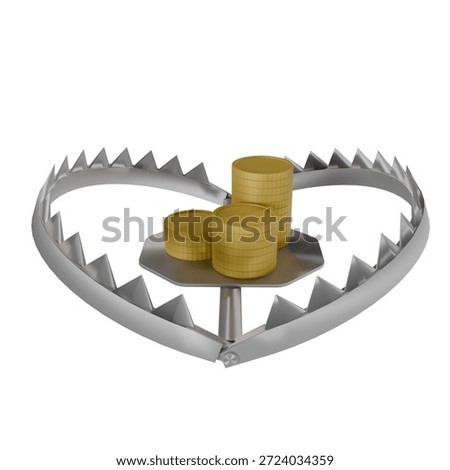 3D render of abear trap with gold coins as bait, symbolizing crypto investment risks, financial scams, and the dangerous lure of easy money