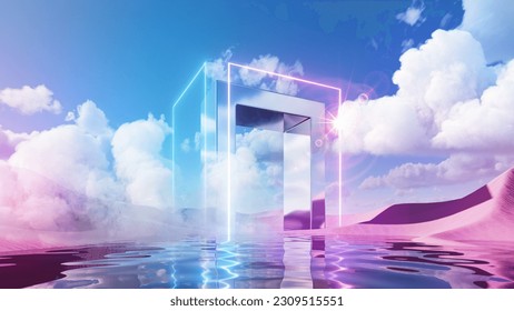 3d render. Abstract aesthetic background. Surreal fantasy landscape. Water, pink desert, neon linear arch and chrome metallic gate under the blue sky with white clouds. Virtual reality wallpaper