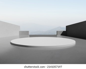 3d Render Of Abstract Architecture Background With  Round Empty Concrete Podium For Car Presentation.