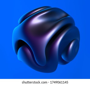 3d render of abstract art 3d alien ball or sphere in organic curve round wavy smooth and soft bio forms with lines patten on metallic surface in purple color on vibrant colourful blue background
