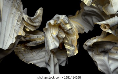 3d Render Of Abstract Art 3d Background With White Flying Cloth In Curve Wavy Lines With Golden Matte Metal Parts In Organic Pattern On Black